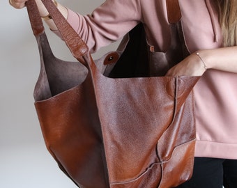 Cognac Oversized Tasche Große Ledertasche, Alltagstasche, Frauen Ledertasche Slouchy Tote, Cognac Handtasche für Frauen, weiche Ledertasche