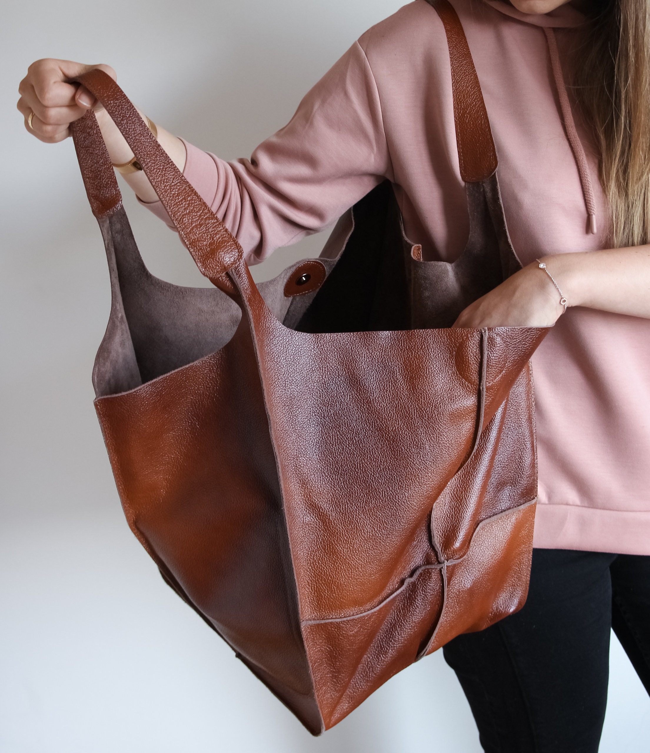 Cognac Oversized bag Large leather tote bag Every Day Bag | Etsy