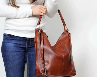 Bolsa de couro HOBO, bolsa de couro marrom-castanho, bolsa transversal, bolsa tote para o dia a dia, bolsa de ombro de couro para laptop, bolsa de couro, marrom-conhaque