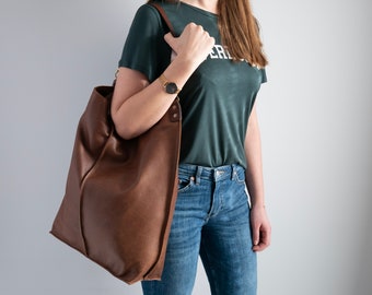 Dark BROWN Leather Oversized HOBO Bag, Large Shopper Bag - Brown Large Purse - Brown Leather Handbag - Everyday bag for women