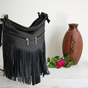 Hobo Bag, Leather Fringe Bag, Bag with Tassels, Large Cross Body Bag, Leather Handbag Purse, Large Tote, Black Leather Hobo Bag, Boho image 4