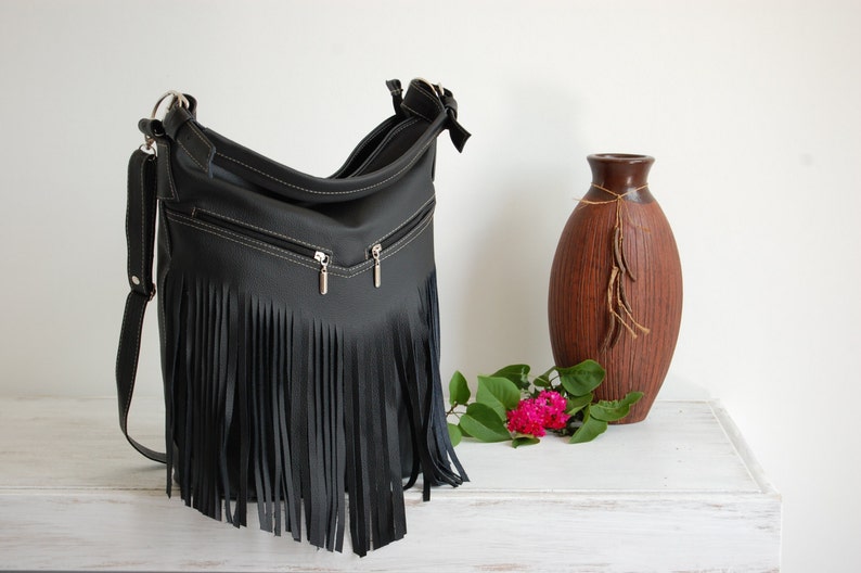 Hobo Bag, Leather Fringe Bag, Bag with Tassels, Large Cross Body Bag, Leather Handbag Purse, Large Tote, Black Leather Hobo Bag, Boho image 4