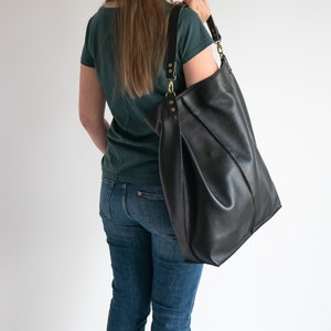 BLACK Leather Oversized HOBO Bag, Large Shopper Bag Black Large Purse BLACK Leather Handbag Everyday bag for women image 5