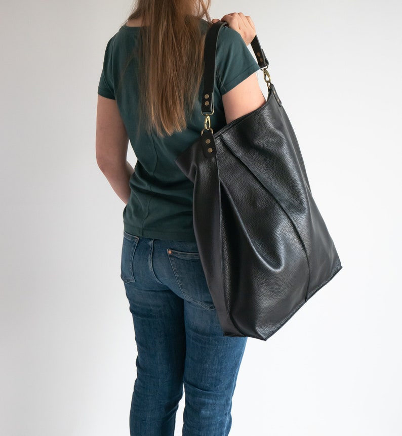 BLACK Leather Oversized HOBO Bag, Large Shopper Bag Black Large Purse BLACK Leather Handbag Everyday bag for women image 5