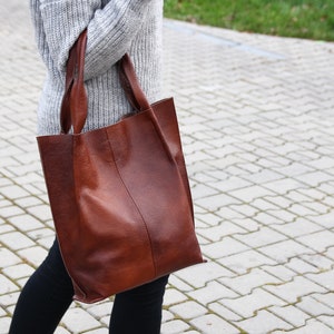 BROWN LEATHER Shopper BAG, Chestnut Brown Leather Tote, Leather Bag, Large Handbag, Large Tote Bag, Cognac Shoulder Bag, Leather Tote