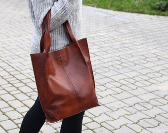 BROWN LEATHER Shopper BAG, Chestnut Brown Leather Tote, Leather Bag, Large Handbag, Large Tote Bag, Cognac Shoulder Bag, Leather Tote