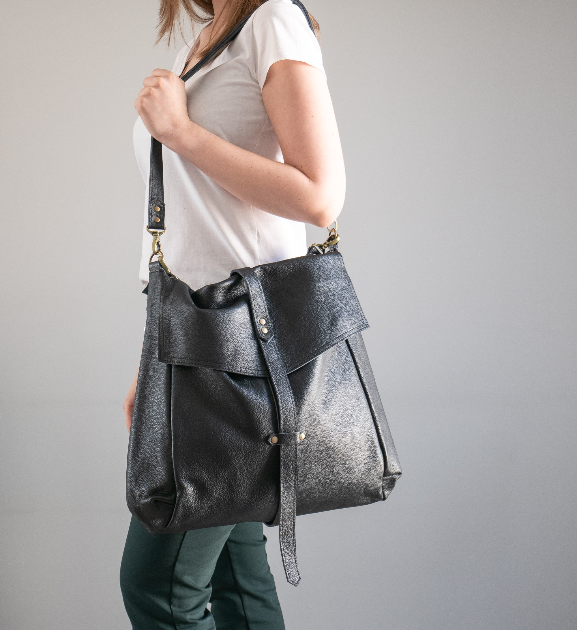 4way Bag／black leather Oversize Backpack Purse, BLACK Weekender Bag, Big Black Bag