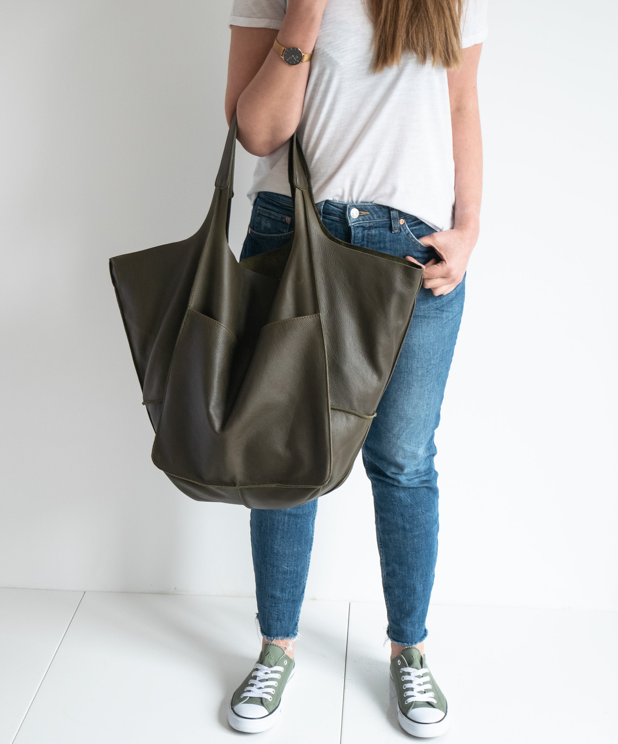 ★TOUT Y EST★ VELVET TOTE MARION BAGDARK GREEN AB2379BG020M DARK Olive Green LEATHER TOTE Bag, Slouchy Tote, Dark Green