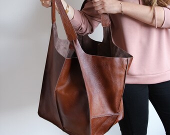 BROWN Oversized BAG, Last One, Large Leather Tote Bag, Everyday Bag, Women leather bag, Slouchy Cognac BROWN Handbag, Soft Leather Bag