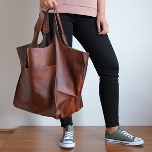 COGNAC LEATHER TOTE Bag, Slouchy Tote, Cognac Handbag for Women, Everyday Bag, Women leather Bag, Weekender Oversized Bag, Leather Purse image 8