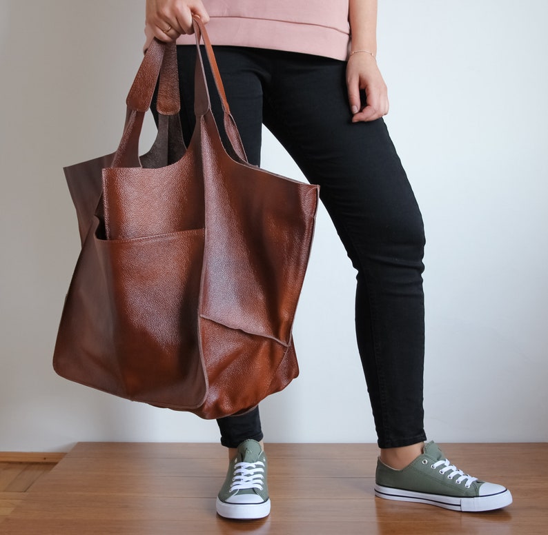 COGNAC LEATHER TOTE Bag, Slouchy Tote, Cognac Handbag for Women, Everyday Bag, Women leather Bag, Weekender Oversized Bag, Leather Purse image 8