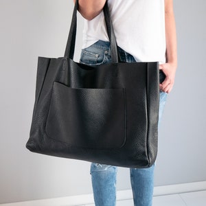 BLACK OVERSIZE Leather TOTE Bag, Big Leather Purse, Shopping Bag ...