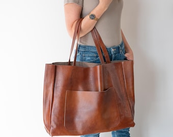 LARGE TOTE Bag, Cognac Brown OVERSIZE Shopper, Leather Shopper Bag, Shopping Bag, Xxl Purse, Everyday Tote, Leather Handbag, Big Tote