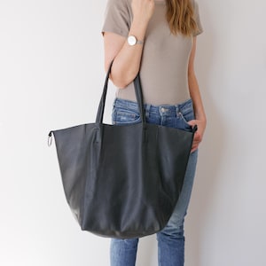 BLACK OVERSIZE SHOPPER Bag - Large Tote - Black Leather Shoulder Bag - Big Tote Bag - Shopping Bag - Large Everyday Purse - Travel Bag