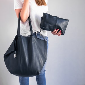 Bolso shopper extragrande azul oscuro - Bolso de hombro de piel azul marino - Bolso tote grande - Bolso de compras - Bolso grande para uso diario - Bolso tote grande