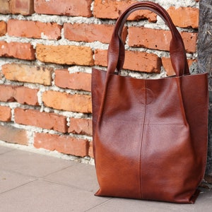 Leather Shopper Bag, Leather Tote Bag, Large Handbag, Large Tote Bag, Shoulder Bag, Leather Tote, Gift For Her, Cognac Brown Leather Tote