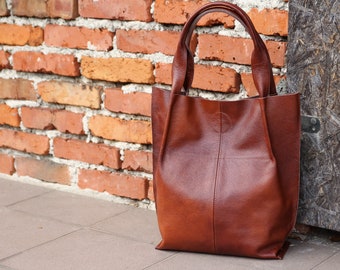 Leather Shopper Bag, Leather Tote Bag, Large Handbag, Large Tote Bag, Shoulder Bag, Leather Tote, Handmade Shoulder Bag, Cognac Brown Tote