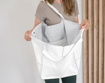 WHITE LEATHER Tote, Large Ivory Shoulder Bag, Oversize Hobo Handbag, Slouchy Foldover Carryall, Women's XL Shopper, Versatile Designer Purse