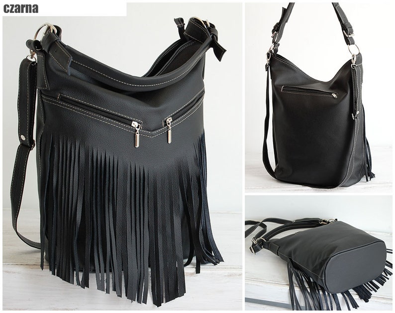 Hobo Bag, Leather Fringe Bag, Bag with Tassels, Large Cross Body Bag, Leather Handbag Purse, Large Tote, Black Leather Hobo Bag, Boho image 8