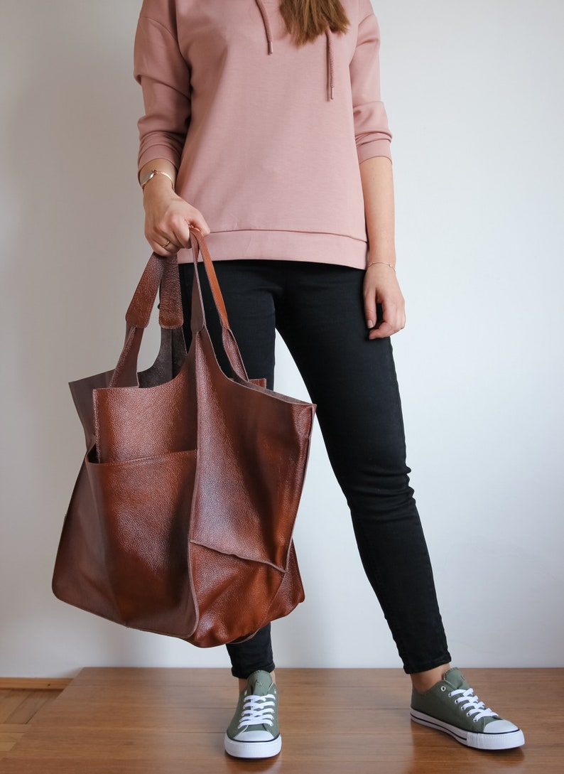 COGNAC LEATHER TOTE Bag, Slouchy Tote, Cognac Handbag for Women, Everyday Bag, Women leather Bag, Weekender Oversized Bag, Leather Purse image 7