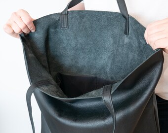 Black Leather Tote Bag, Oversized Soft Leather Shoulder Bag