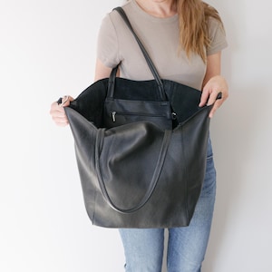 Black OVERSIZE Shopper Bag, Large Leather Tote, Big Shoulder Bag for Everyday Use, Travel Bag, Black Leather Shopping Tote, XXL Handbag