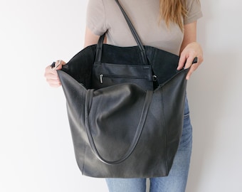 Black OVERSIZE Shopper Bag, Large Leather Tote, Big Shoulder Bag for Everyday Use, Travel Bag, Black Leather Shopping Tote, XXL Handbag