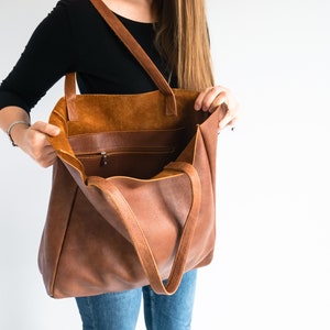 Große braune Umhängetasche, braune Leder Shopper Tasche, große Einkaufstasche, Einkaufstasche, Arbeitstasche, Alltagstasche, Laptoptasche, Leder Geldbörse