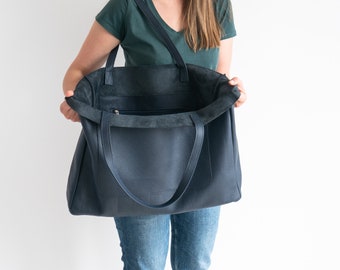 NAVY BLUE OVERSIZE Shopper Bag, Large Leather Tote Bag, Shopping Bag, Xxl Shopper Handbag, Everyday Tote, Leather Handbag, Big Pocket
