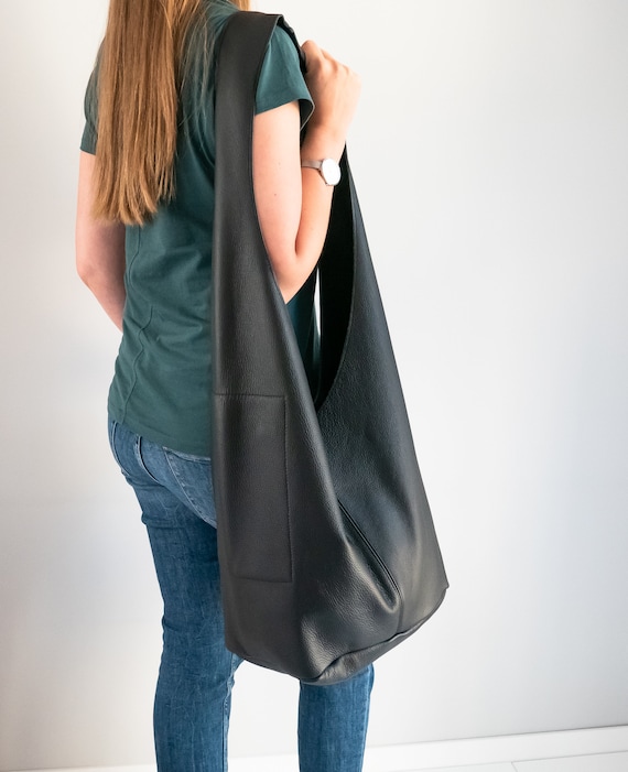 Black Leather HIPPIE Bag Large BOHO Bag Oversized Hobo Bag 