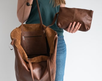 BROWN OVERSIZE SHOPPER Bag - Large Tote - Distressed Cognac Leather Shoulder Bag - Shopping Bag - Large Everyday Purse, Travel Bag, Big Tote