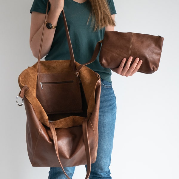 BROWN OVERSIZE SHOPPER Bag - Large Tote - Distressed Cognac Leather Shoulder Bag - Shopping Bag - Large Everyday Purse, Travel Bag, Big Tote