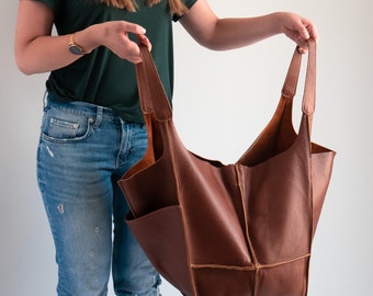 Brown LEATHER TOTE Bag, Slouchy Tote, Chestnut Brown Handbag for Women, Everyday Bag, Women leather bag, Marron Weekender Oversized bag