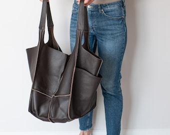 Dark Brown Leather Tote Bag, Oversized Slouchy Shoulder Bag, Convertible Chocolate Brown Handbag, Genuine Leather Bag, Carryall, Weekender