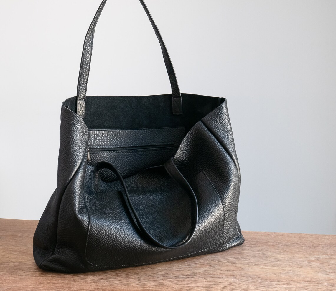 BLACK OVERSIZE Leather TOTE Bag Big Leather Purse Shopping | Etsy