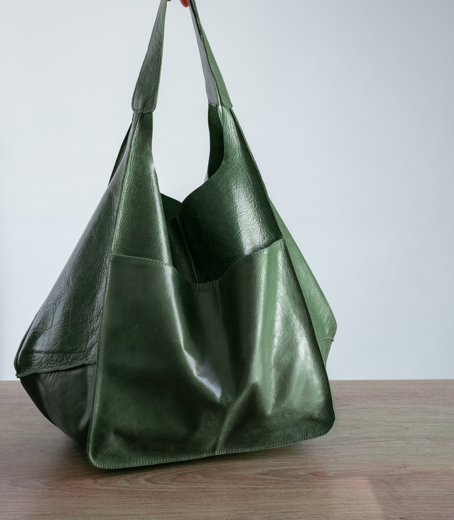 Green LEATHER TOTE Bag Slouchy Tote Dark Green Handbag for Etsy