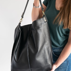 BLACK Leather Oversized HOBO Bag, Large Shopper Bag Black Large Purse BLACK Leather Handbag Everyday bag for women image 4