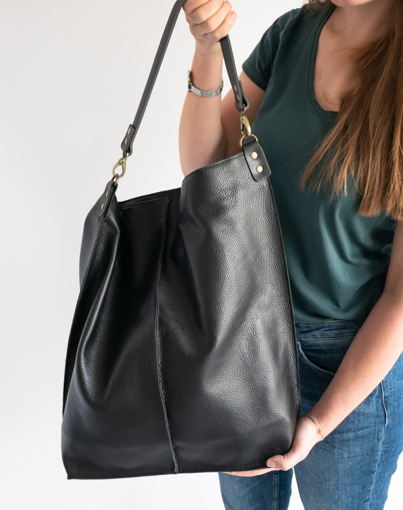 BLACK Leather Oversized HOBO Bag, Large Shopper Bag Black Large Purse BLACK Leather Handbag Everyday bag for women image 4