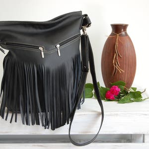 Hobo Bag, Leather Fringe Bag, Bag with Tassels, Large Cross Body Bag, Leather Handbag Purse, Large Tote, Black Leather Hobo Bag, Boho image 7