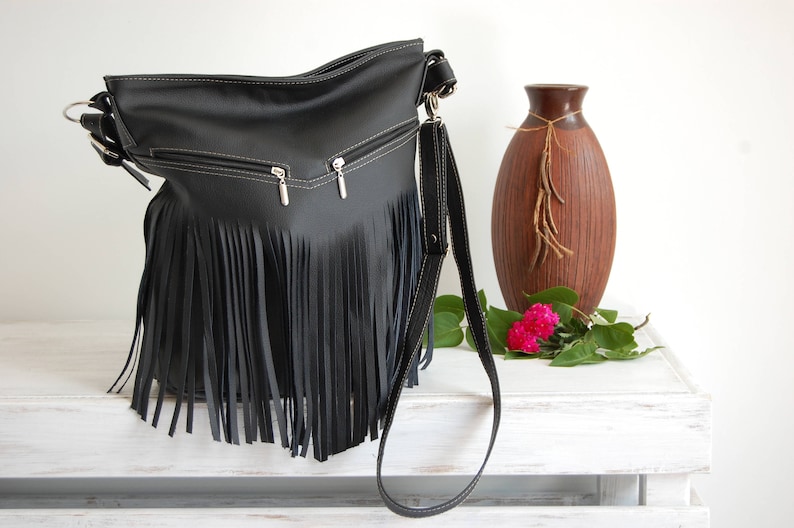 Hobo Bag, Leather Fringe Bag, Bag with Tassels, Large Cross Body Bag, Leather Handbag Purse, Large Tote, Black Leather Hobo Bag, Boho image 7