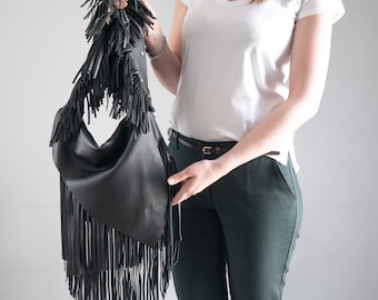 BLACK Crossbody Leather Bag, Leather Bag with Fringes, Black Boho Bag, Boho Leather Purse, Long Fringes Hippe Bag, Western Style Purse