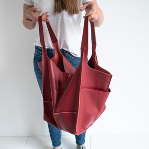 RED LEATHER TOTE bag, Slouchy Tote, Red Handbag for Women, Everyday Bag, Women leather bag, Weekender Oversized bag image 7