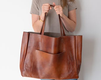 Oversized Cognac Leather Tote, Large Brown Shopper, Natural Leather Work Handbag, Sturdy Laptop Bag, Purse for Travel & School