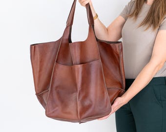 Oversized Cognac Leather Tote Bag, Slouchy Weekender Purse for Women, Large Handmade Everyday Shoulder Bag, Soft Leather, Work & Travel Bag