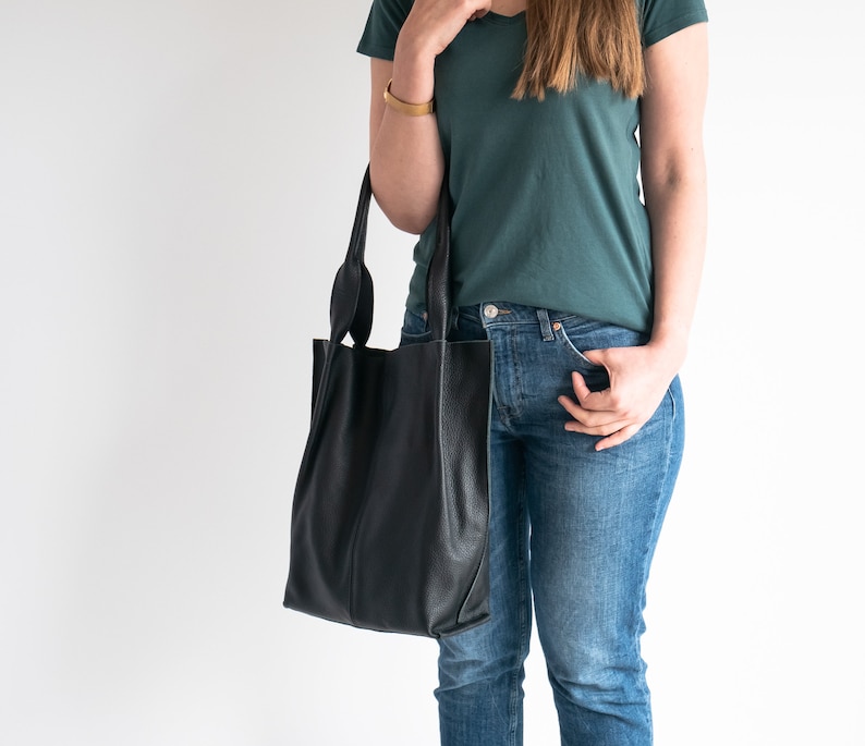 Leather Tote Bag, Leather Shopper Bag, Large Handbag, Large Tote Bag, Shoulder Bag, Leather Tote, Gift For Her, Black Leather Tote image 3