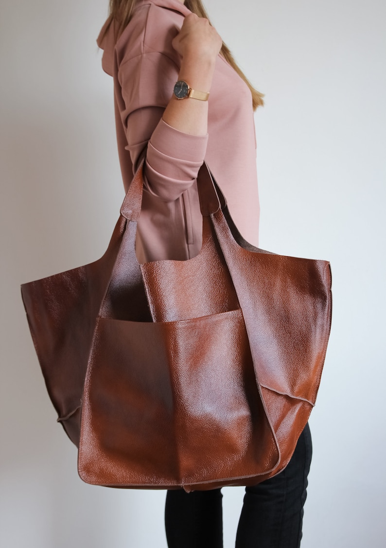 Weekender Oversized bag Large leather tote bag, Slouchy Tote, Cognac Brown Handbag for Women, Soft Leather Bag, Everyday Bag, Women bag image 6