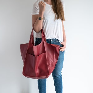 RED LEATHER TOTE bag, Slouchy Tote, Red Handbag for Women, Everyday Bag, Women leather bag, Weekender Oversized bag image 1