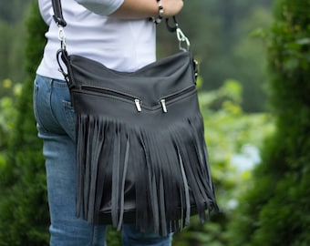 Hobo Bag, Leather Fringe Bag, Bag with Tassels, Large Cross Body Bag, Leather Handbag Purse, Large Tote, Black Leather Hobo Bag, Boho