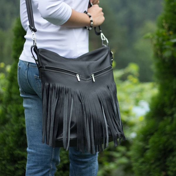 Hobo Bag, Leather Fringe Bag, Bag with Tassels, Large Cross Body Bag, Leather Handbag Purse, Large Tote, Black Leather Hobo Bag, Boho