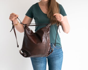 DARK BROWN Leather BACKPACK, Leather Rucksack, Leather Tote Bag, Medium Backpack Leather Handbag, School Bag, Chocolate Brown Backpack Purse